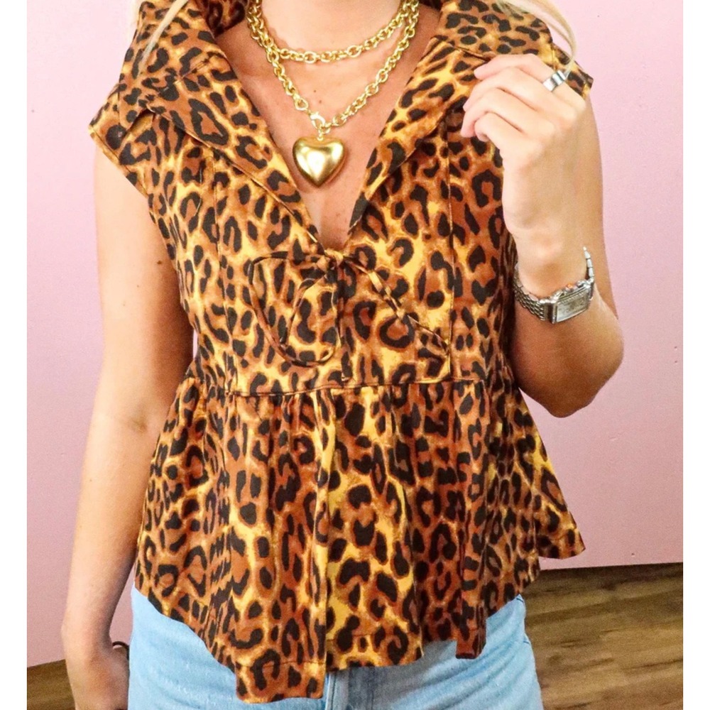 ROCOCO Leopard Print Peplum Top Sleeveless Tie Front Notched Collar‎ Brown Tan L